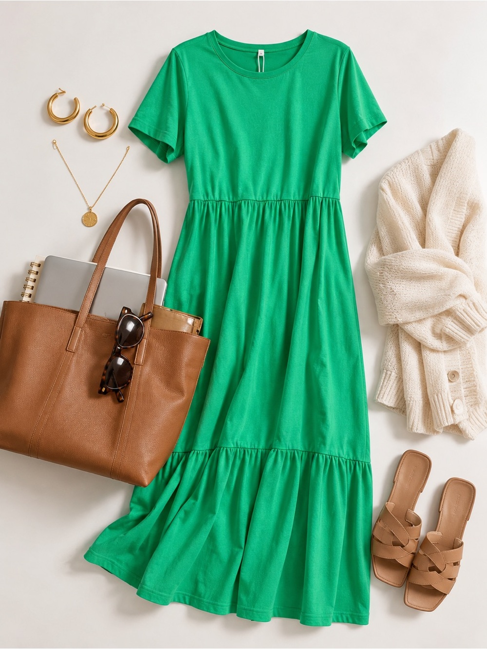 NWT ANRABESS Green Tiered Maxi Dress XL Short Sleeve Stretch Casual